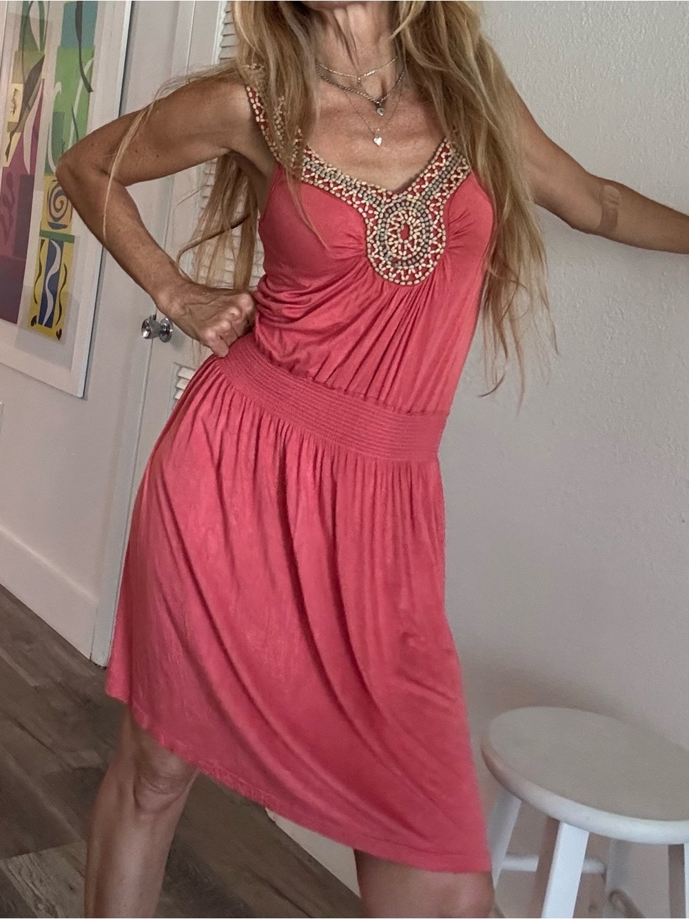 Soprano Coral Beaded V-Neck Mini Dress M